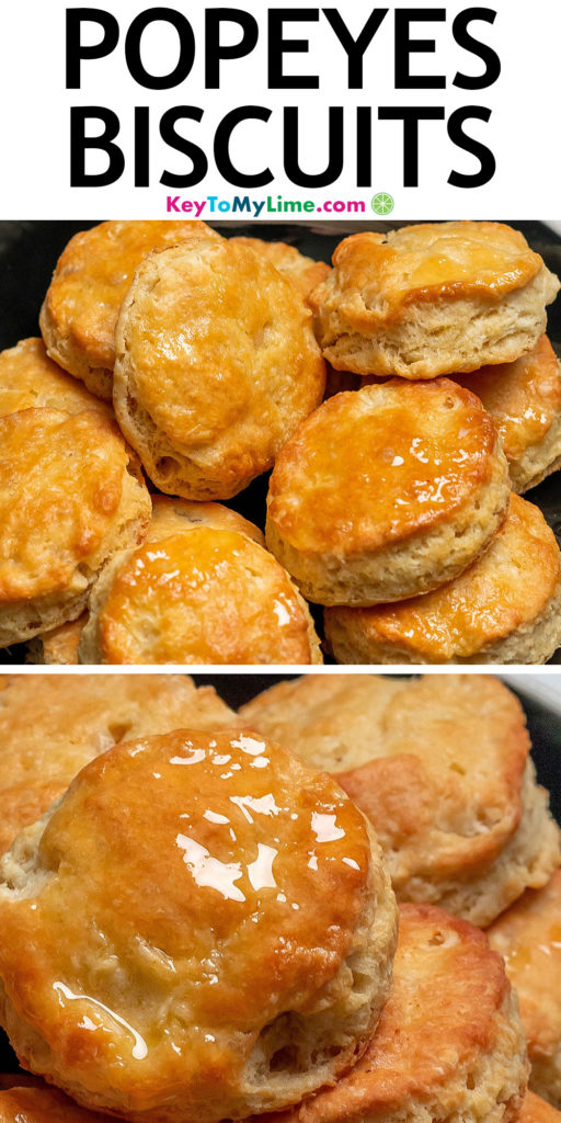 A Pinterest pin image with a picture of popeyes biscuits, with title text at the top.