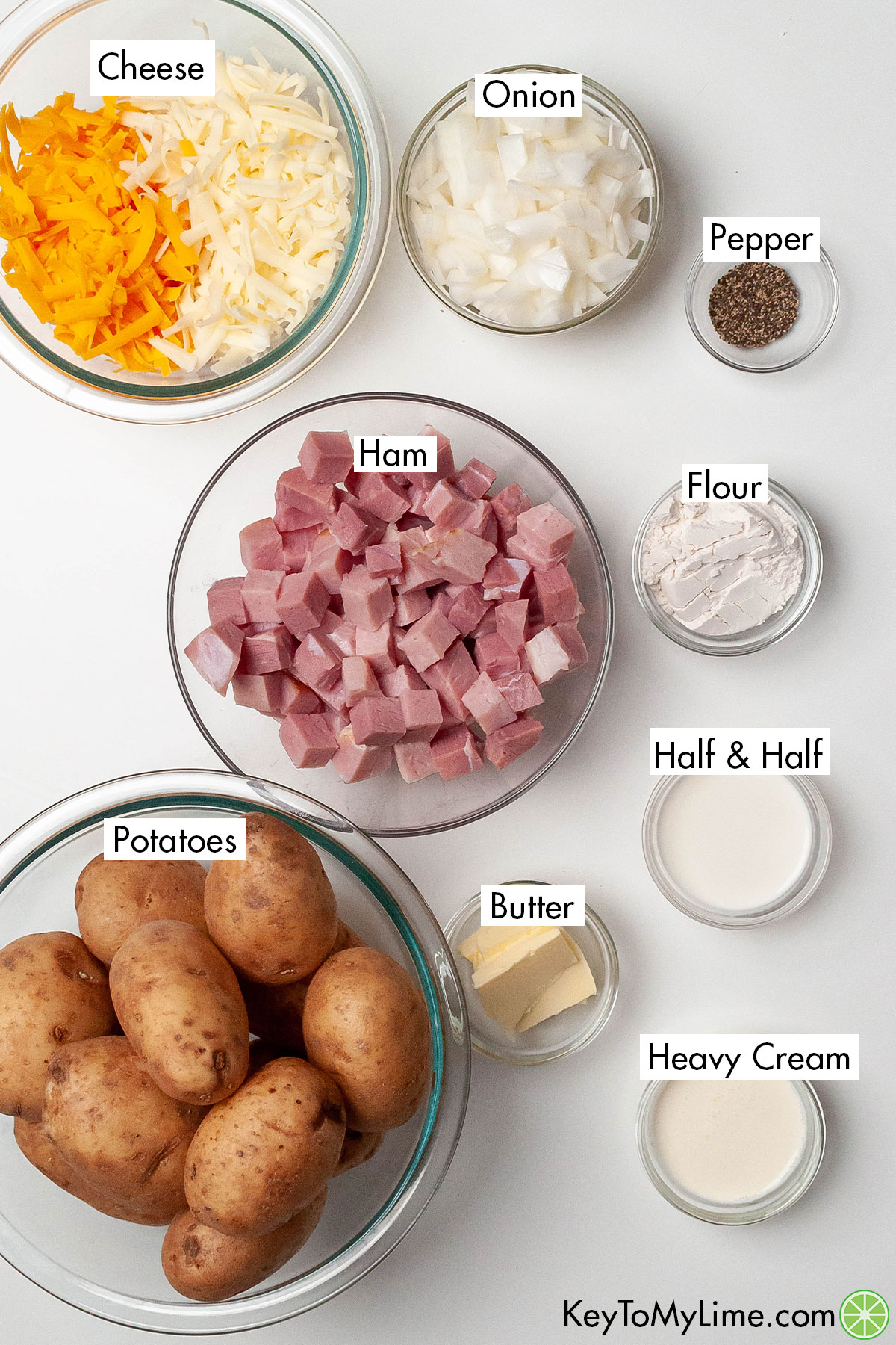 The labeled ingredients for scalloped potatoes and ham.