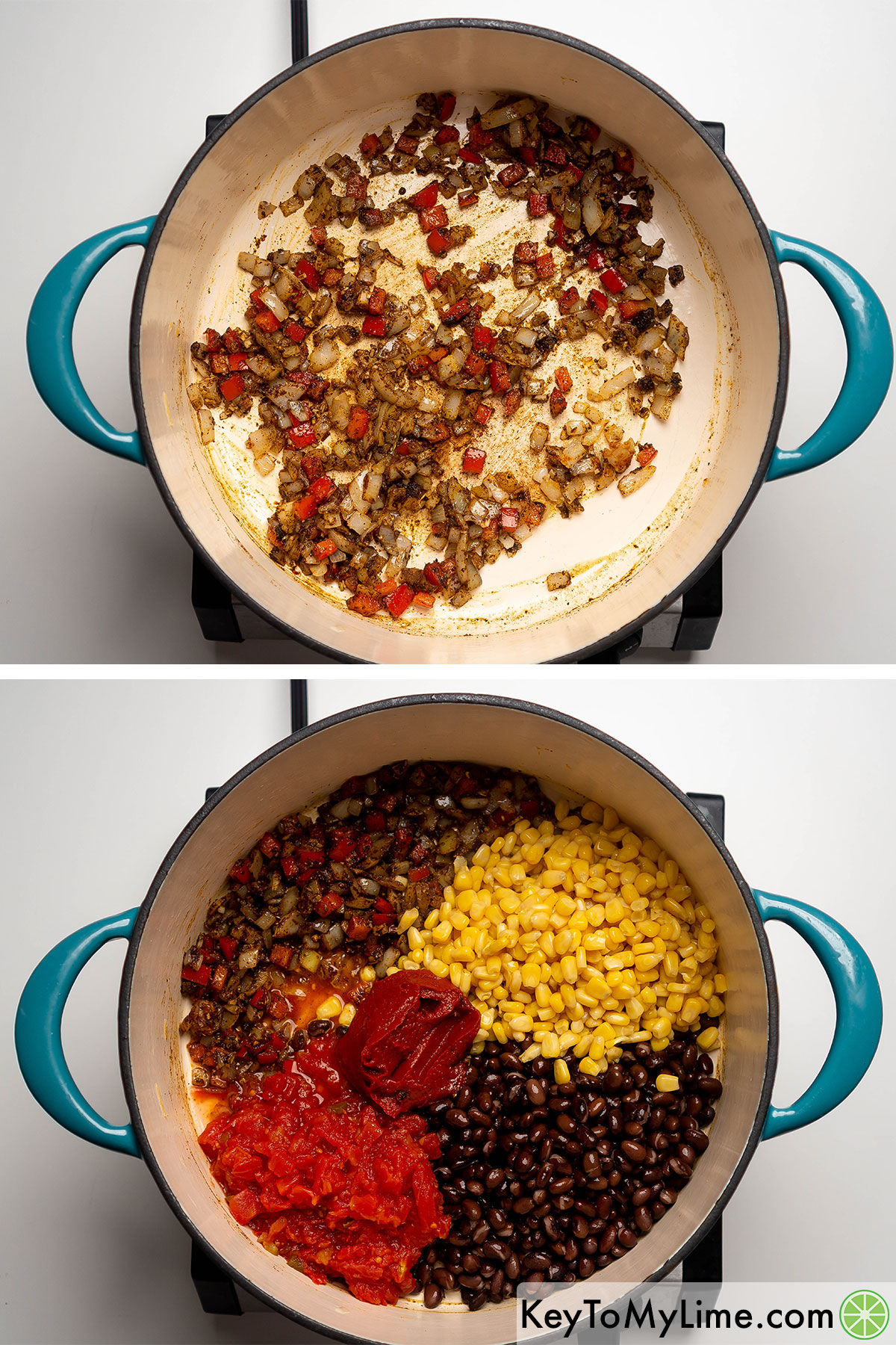 Adding corn, beans, tomatoes and tomato paste to the onion and pepper mixture.