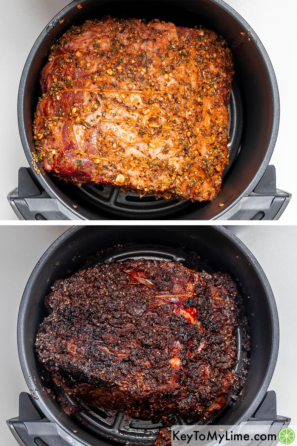 Adding the seasoned roast to a preheat air fryer basket then cooking until reaching a internal temperature of 125F.