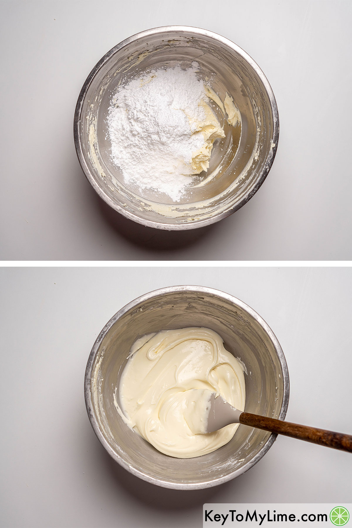 Adding the powdered sugar to the cream cheese mixture in a large mixing bowl.