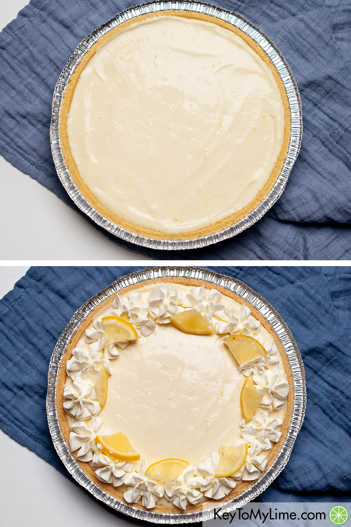 After the pie has set adding fresh whipped cream and cut lemon wedges to the pie.