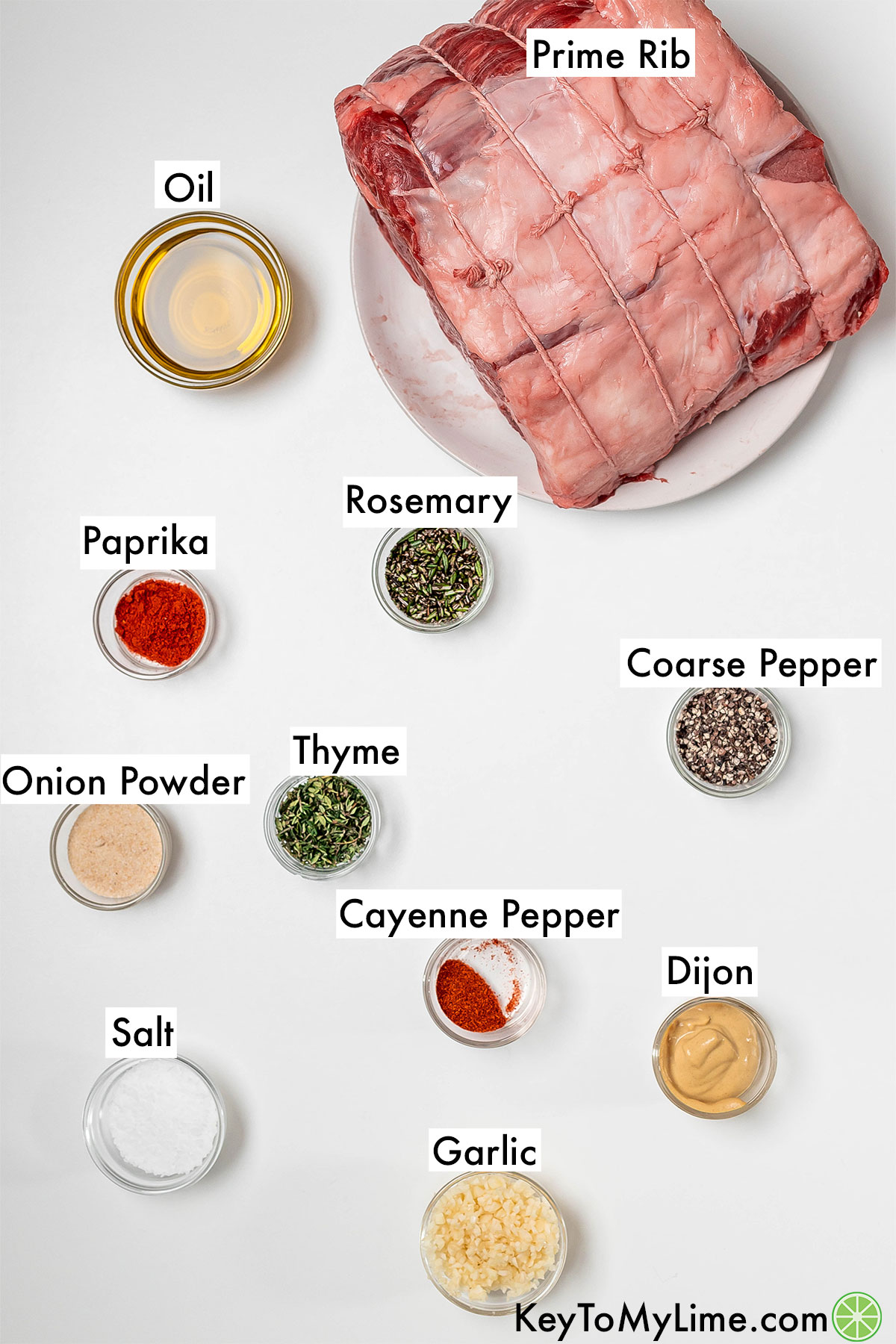 The labeled ingredients for air fryer prime rib.