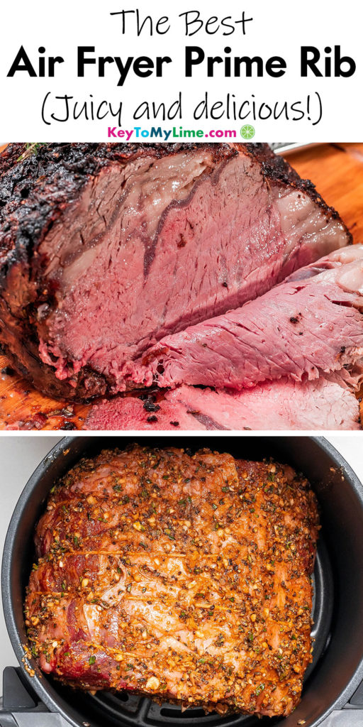 A Pinterest pin image with a picture of air fryer prime rib, with title text at the top.
