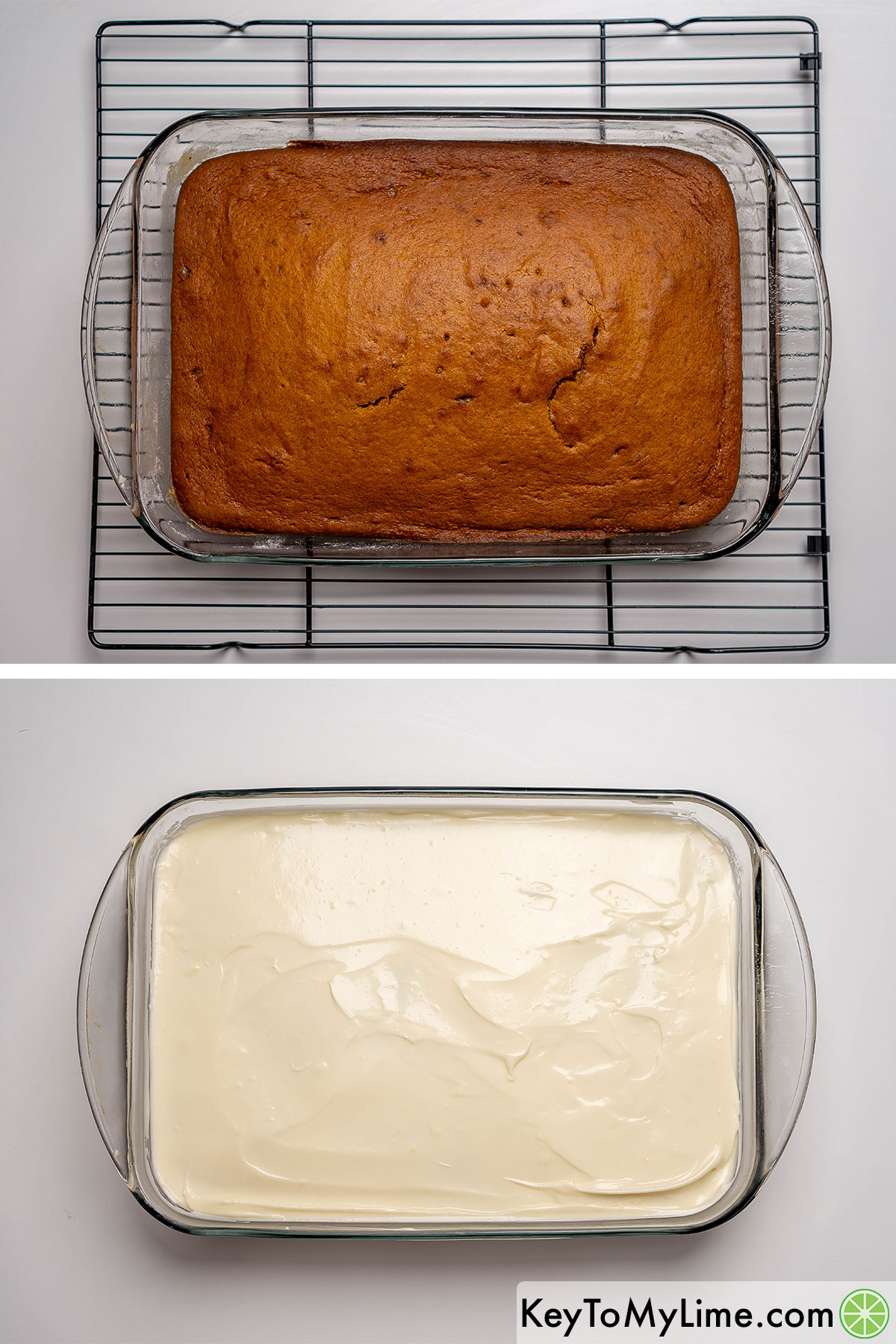 Cooling the pumpkin cake before adding the cream cheese frosting.