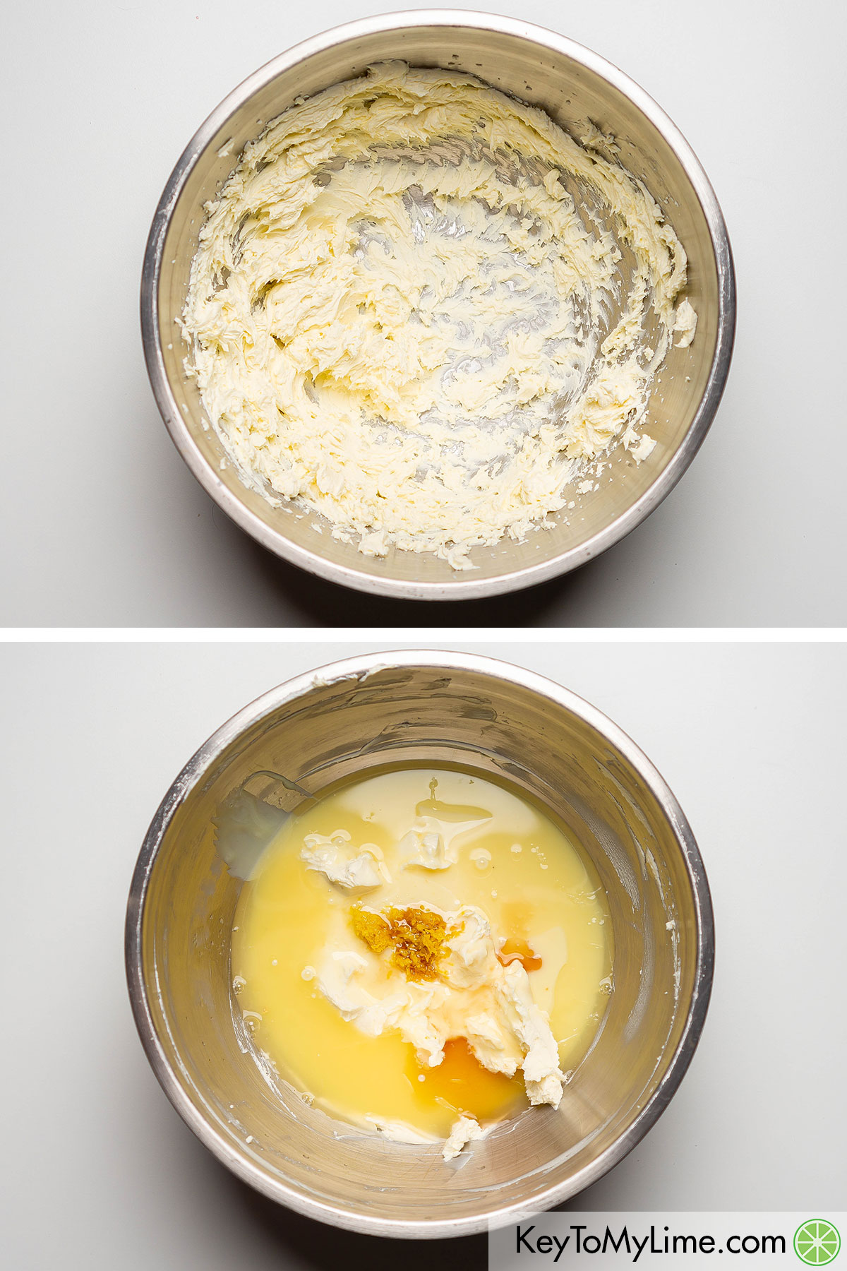 Beating the cream cheese with a hand mixer then adding in the sweetened condensed milk, lemon juice, lemon zest and vanilla extract to the mixing bowl.