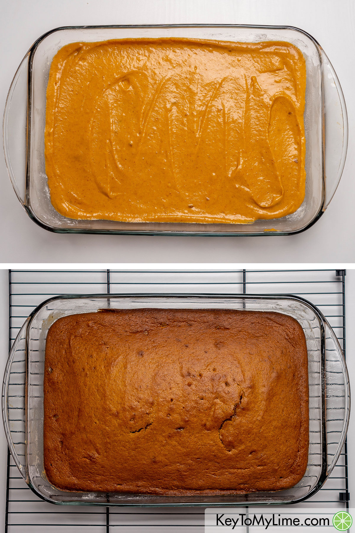 An image showing the before and after baking the pumpkin cake.