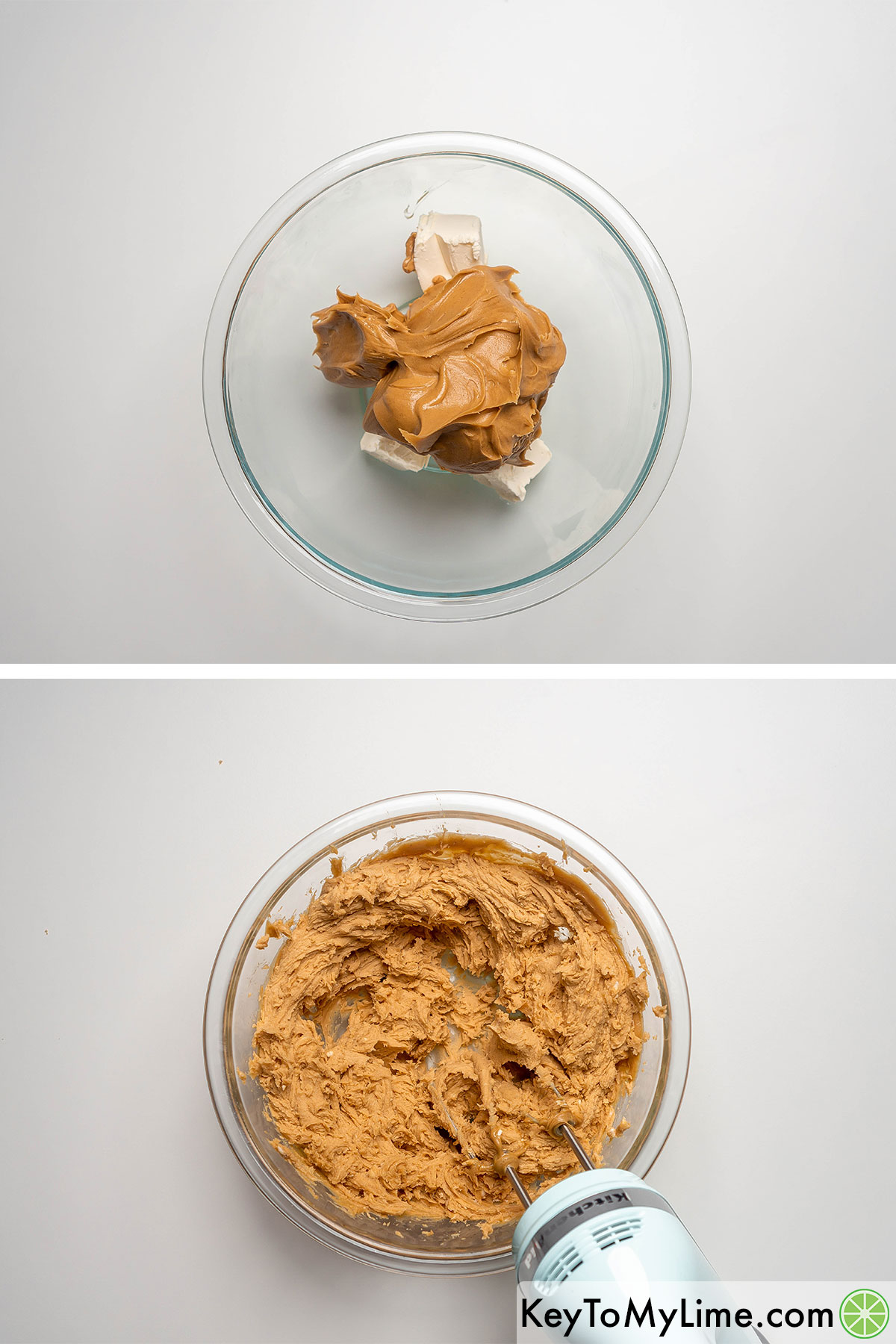 Blending the peanut butter and cream cheese together in a large mixing bowl.