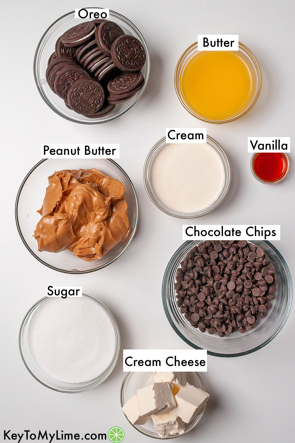 The labeled ingredients for chocolate peanut butter pie.