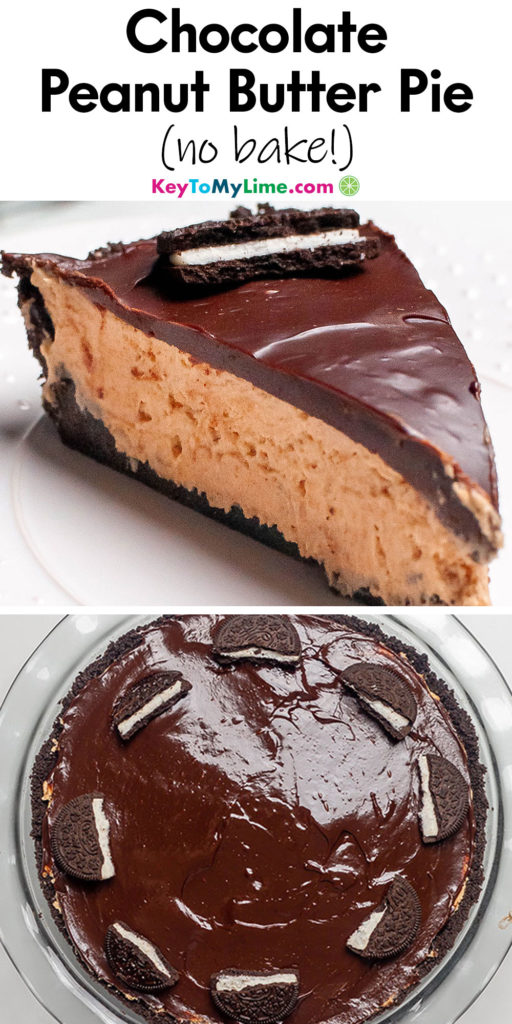 A Pinterest pin image with a picture of chocolate peanut butter pie, with title text at the top.