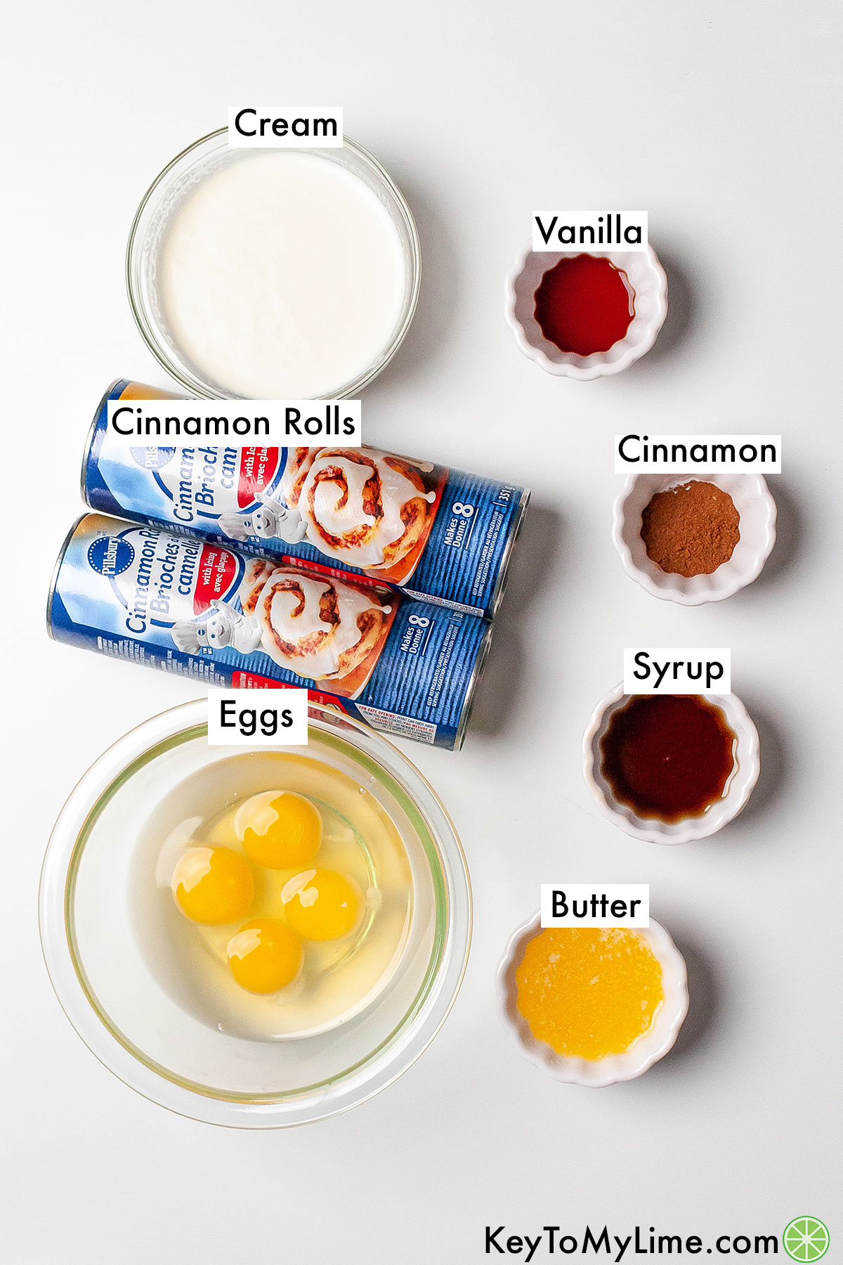 The labeled ingredients for cinnamon roll casserole.