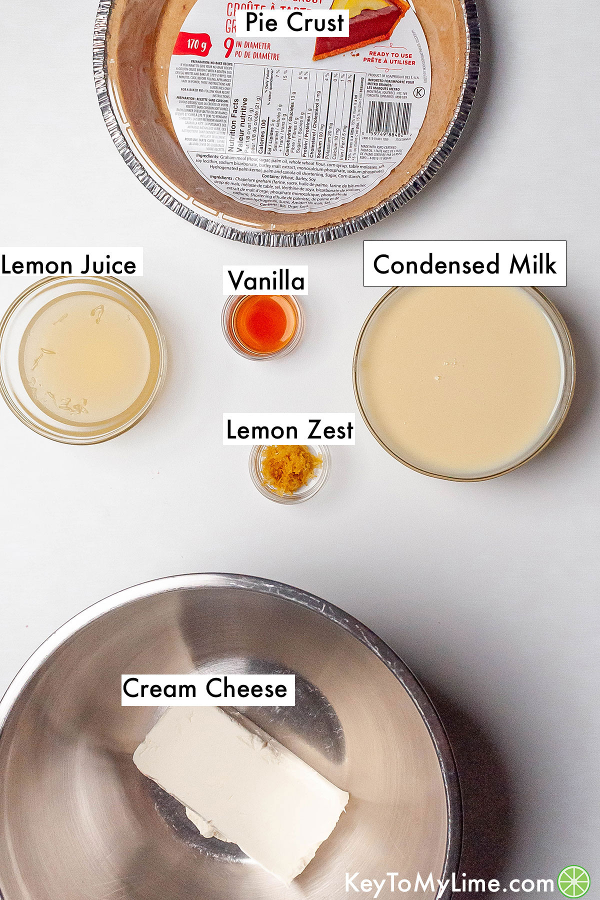 The labeled ingredients for lemon icebox pie.