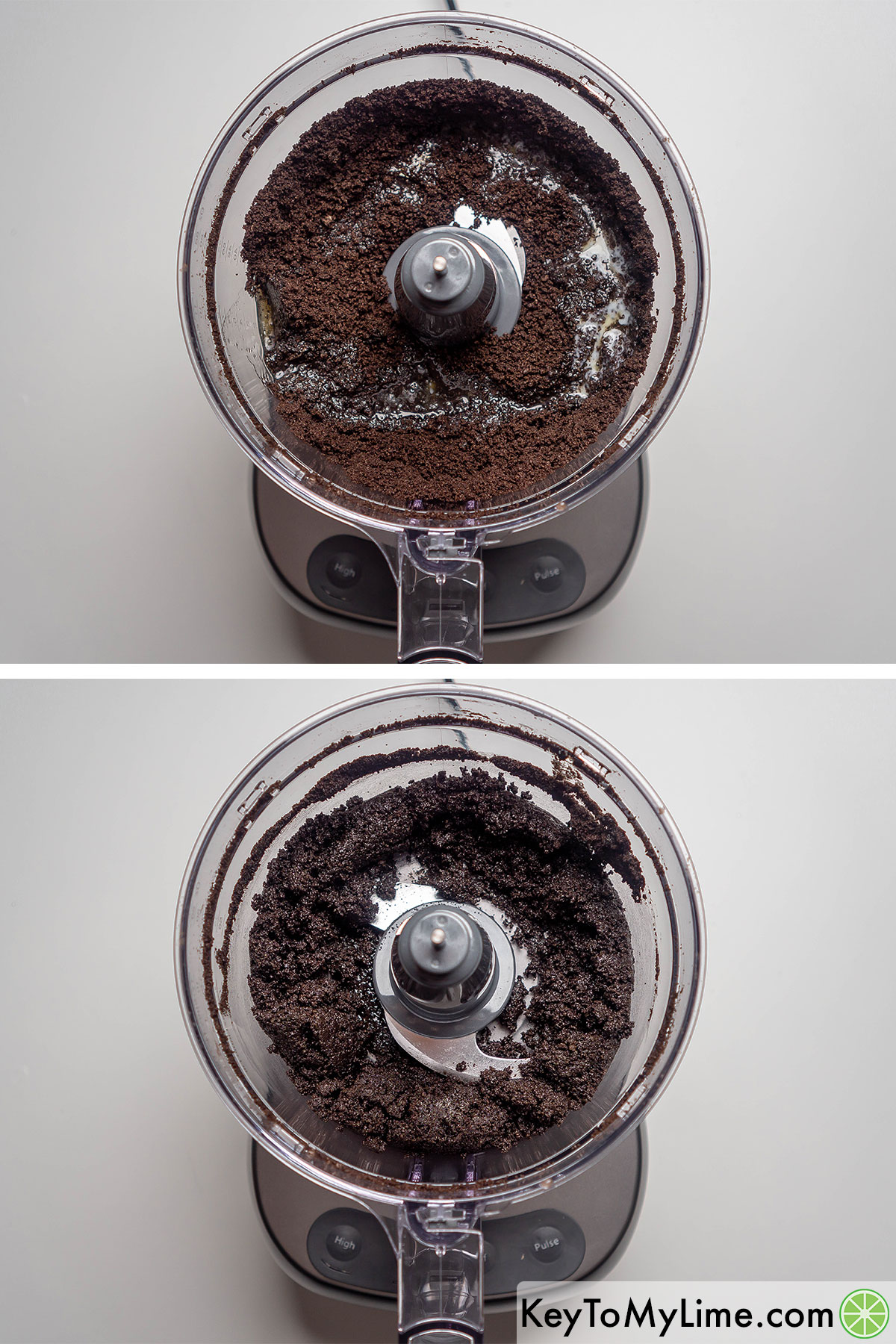 Adding oreos to a food processor and pulsing then adding in butter.