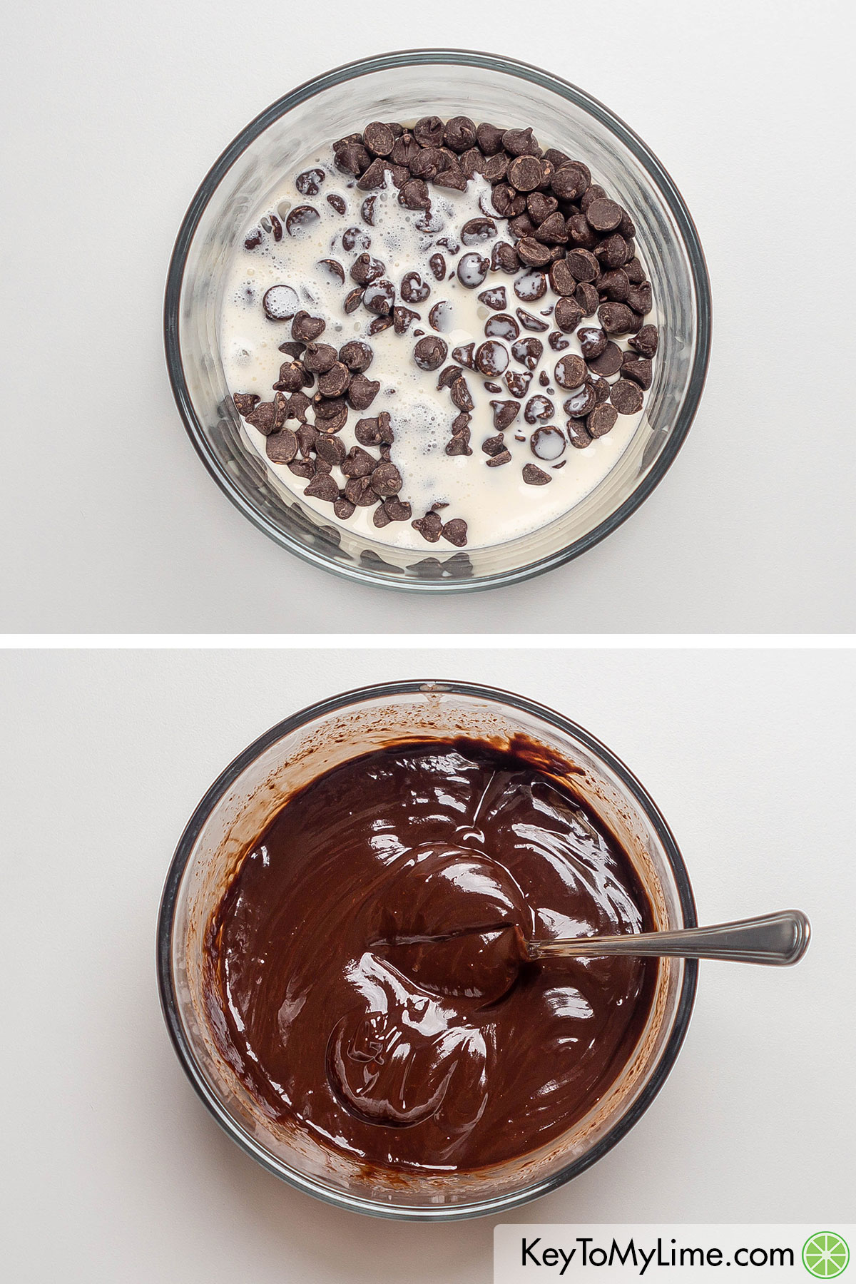 Melting the chocolate and cream together in a small mixing bowl to form the chocolate topping.
