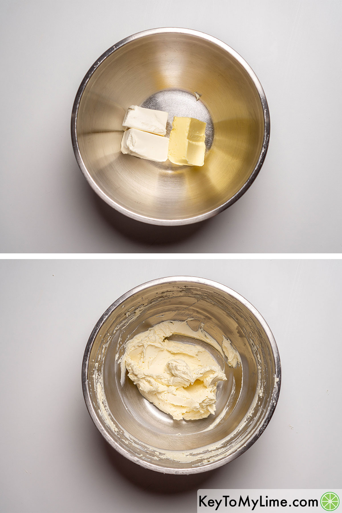 Mixing cream cheese and butter together in a large mixing bowl.