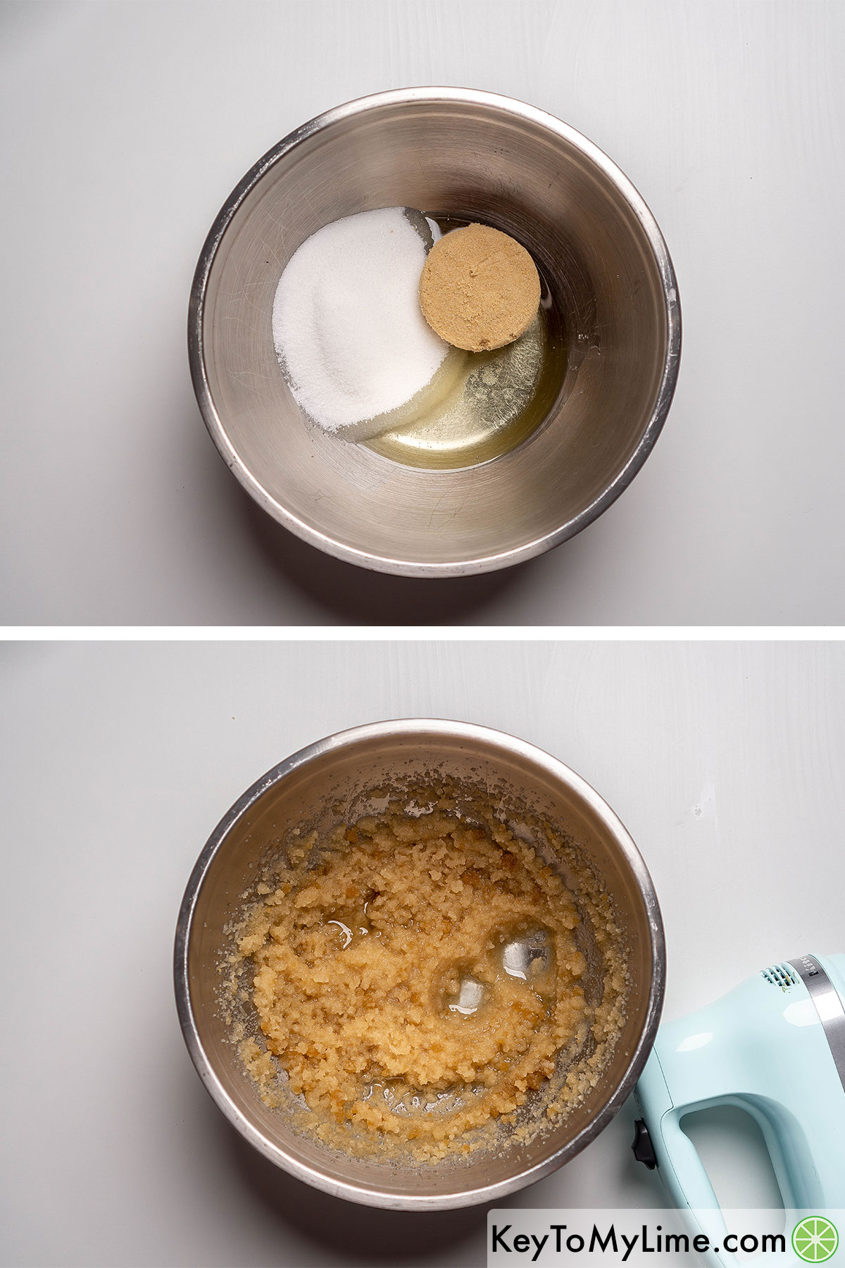 Mixing granulated sugar, brown sugar and oil together in a large mixing bowl.
