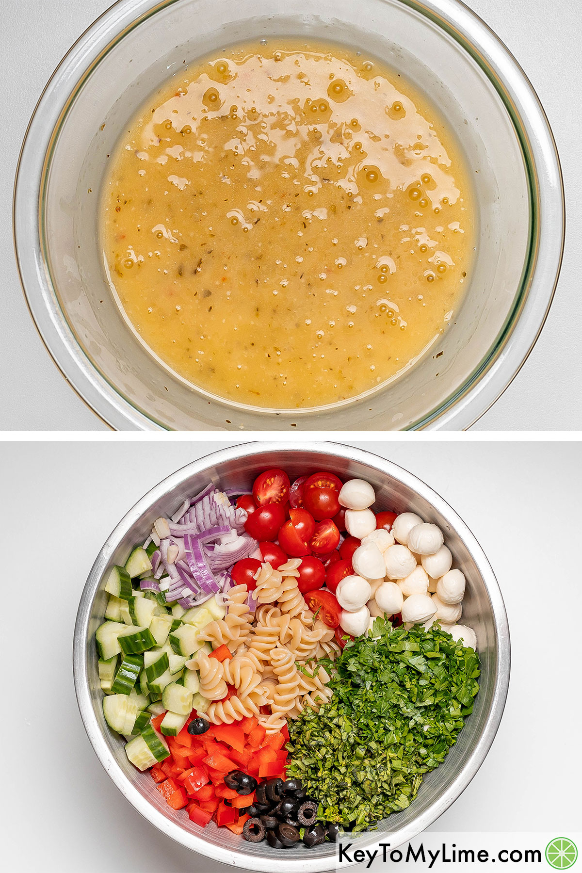 Mixing honey, lemon juice and dressing together then adding to the vegetables and cooked pasta and mixing in a large mixing bowl.