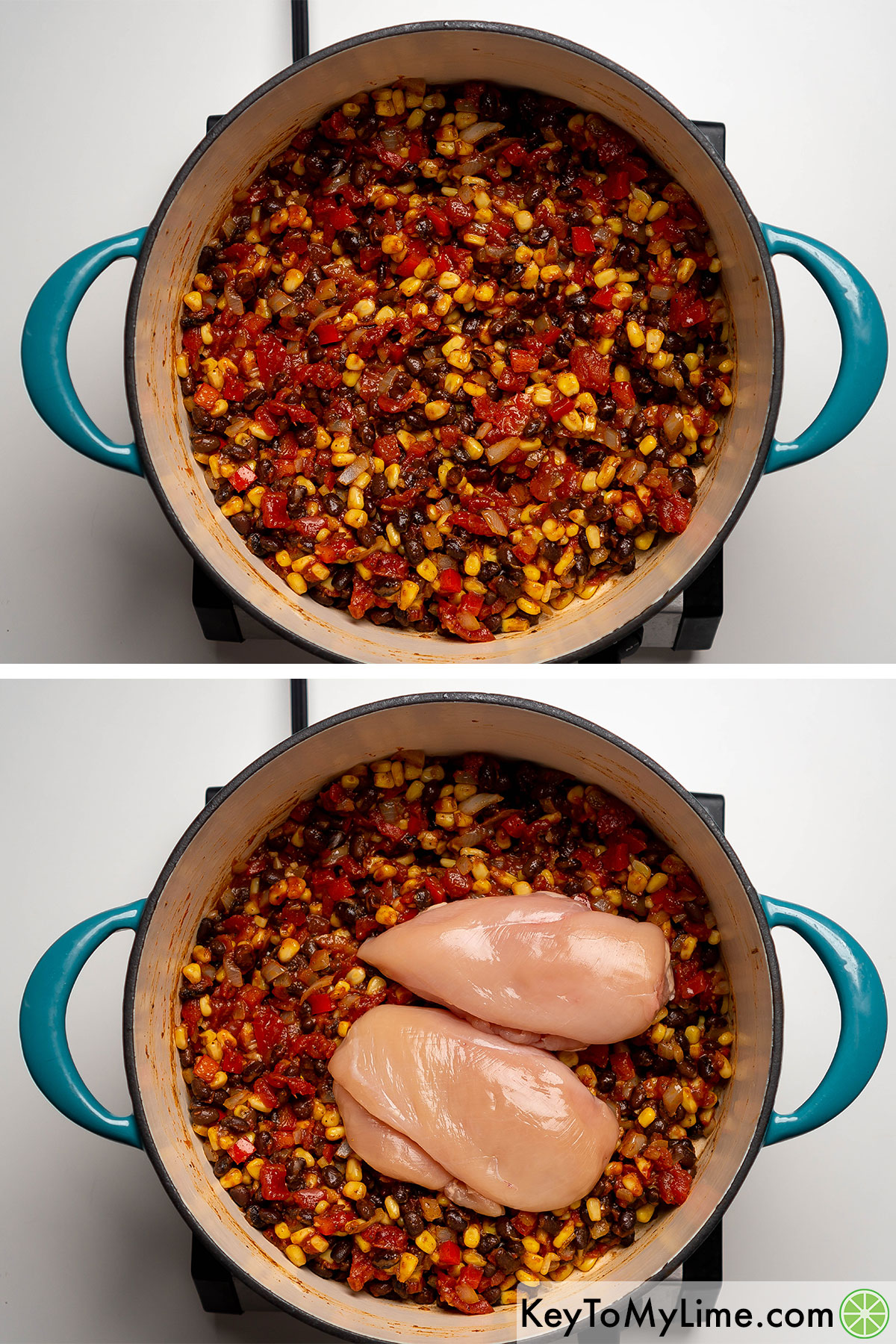 Mixing then adding in the chicken breast to the large pot.