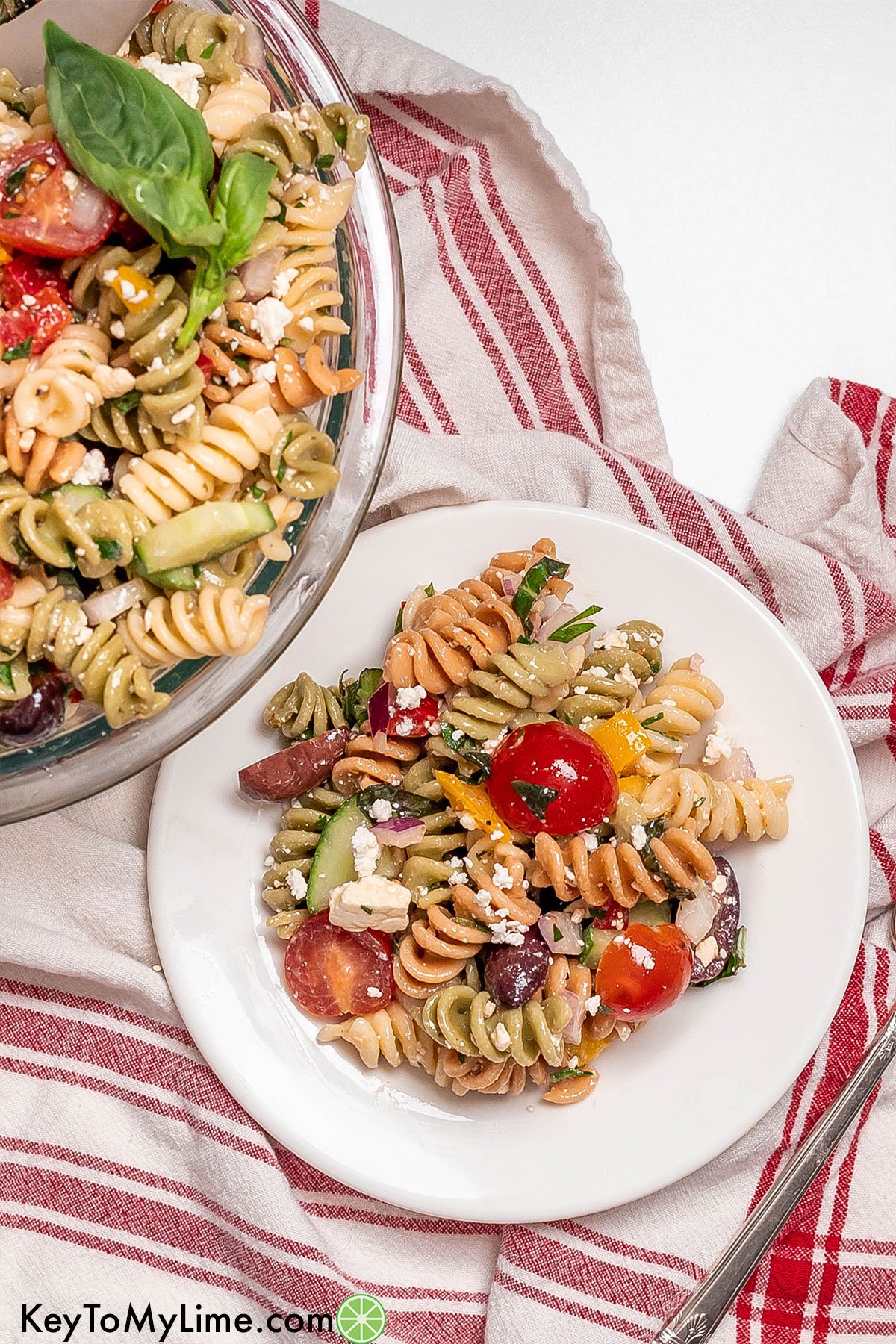 An overhead image of a plate of rotini pasta salad next to a large bowl of pasta.