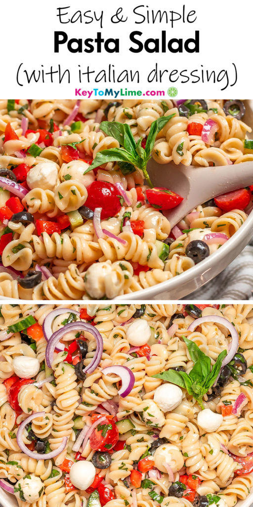 A Pinterest pin image with a picture of pasta salad with italian dressing with title text at the top.
