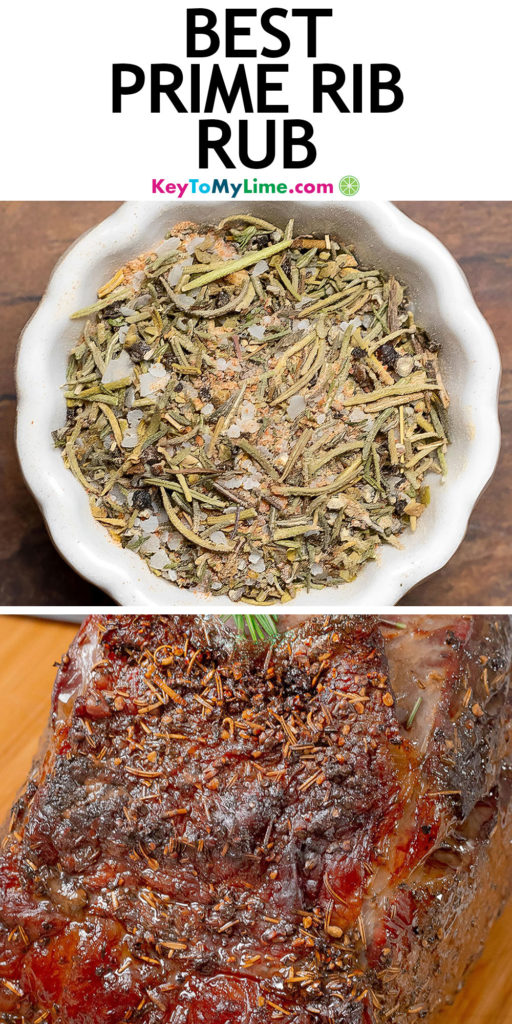A Pinterest pin image with two pictures of prime rib rub and title text at the top.