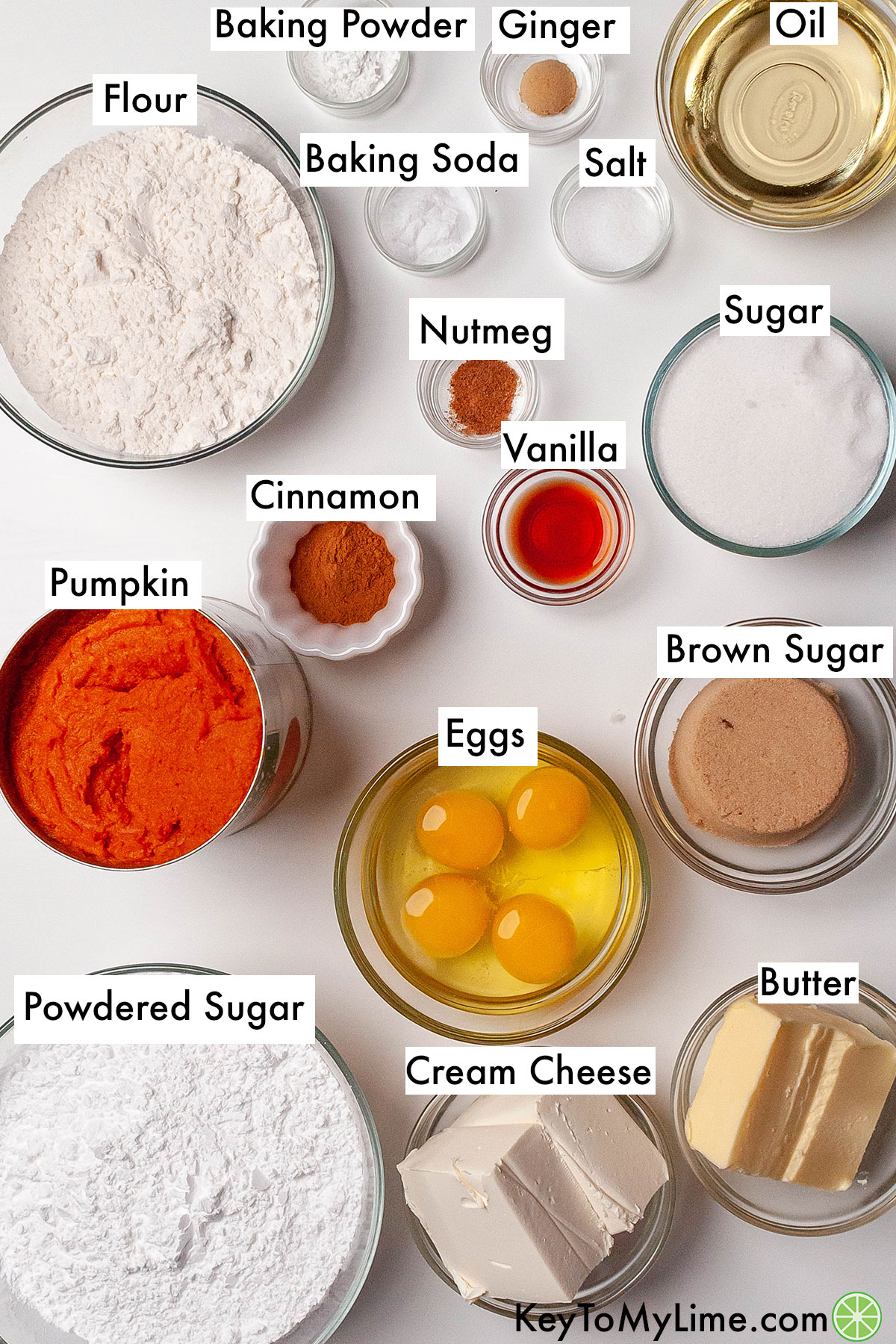 The labeled ingredients for pumpkin bars with cream cheese frosting.