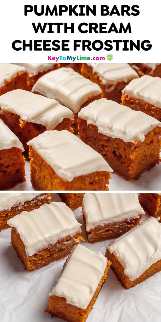 A Pinterest pin image with a picture of pumpkin bars with cream cheese frosting, with title text at the top.
