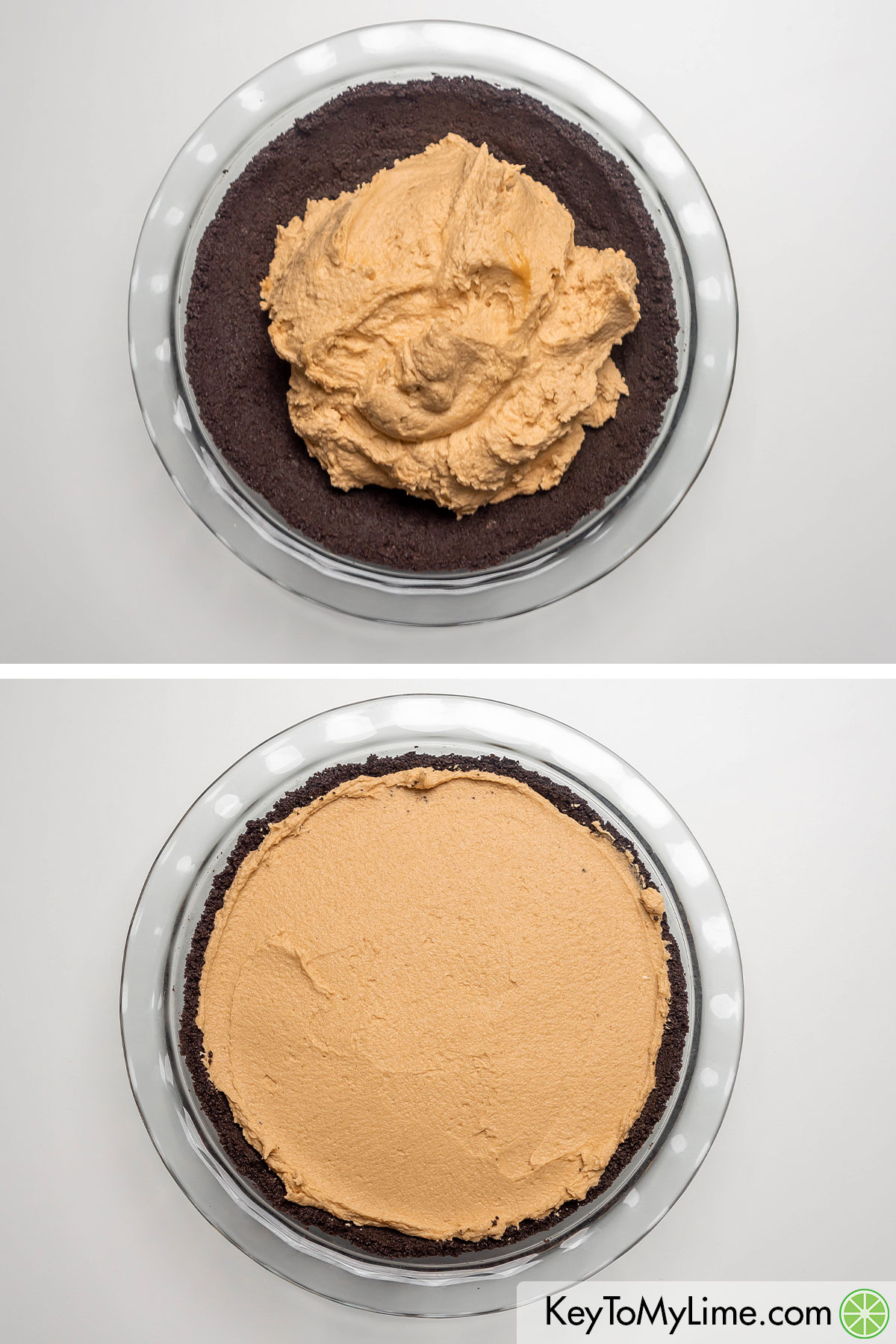 Removing the pie crust from the freezer and filling with the peanut butter mixture on top.