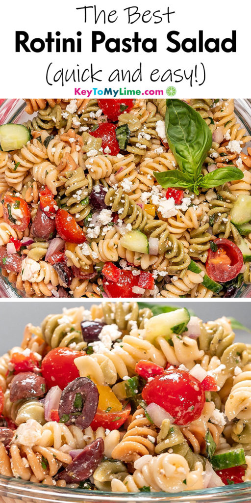 A Pinterest pin image with a picture of rotini pasta salad, with title text at the top.