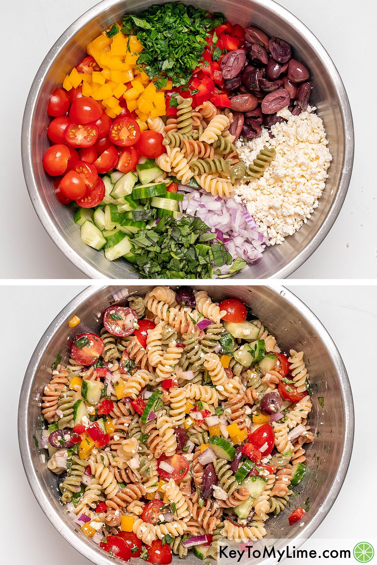 Tossing the pasta noodles, fresh vegetables, feta and fresh herbs together then mixing and adding in the dressing until the pasta ingredients are fully coated.