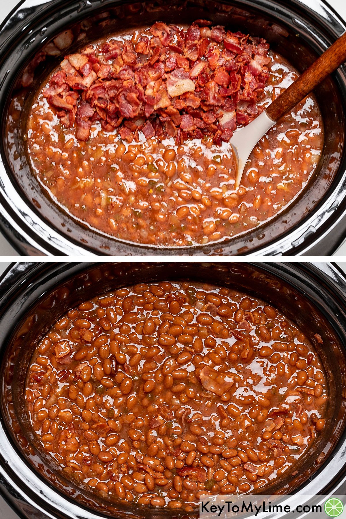 Adding bacon to the bean mixture and cooking until the sauce has thickened.