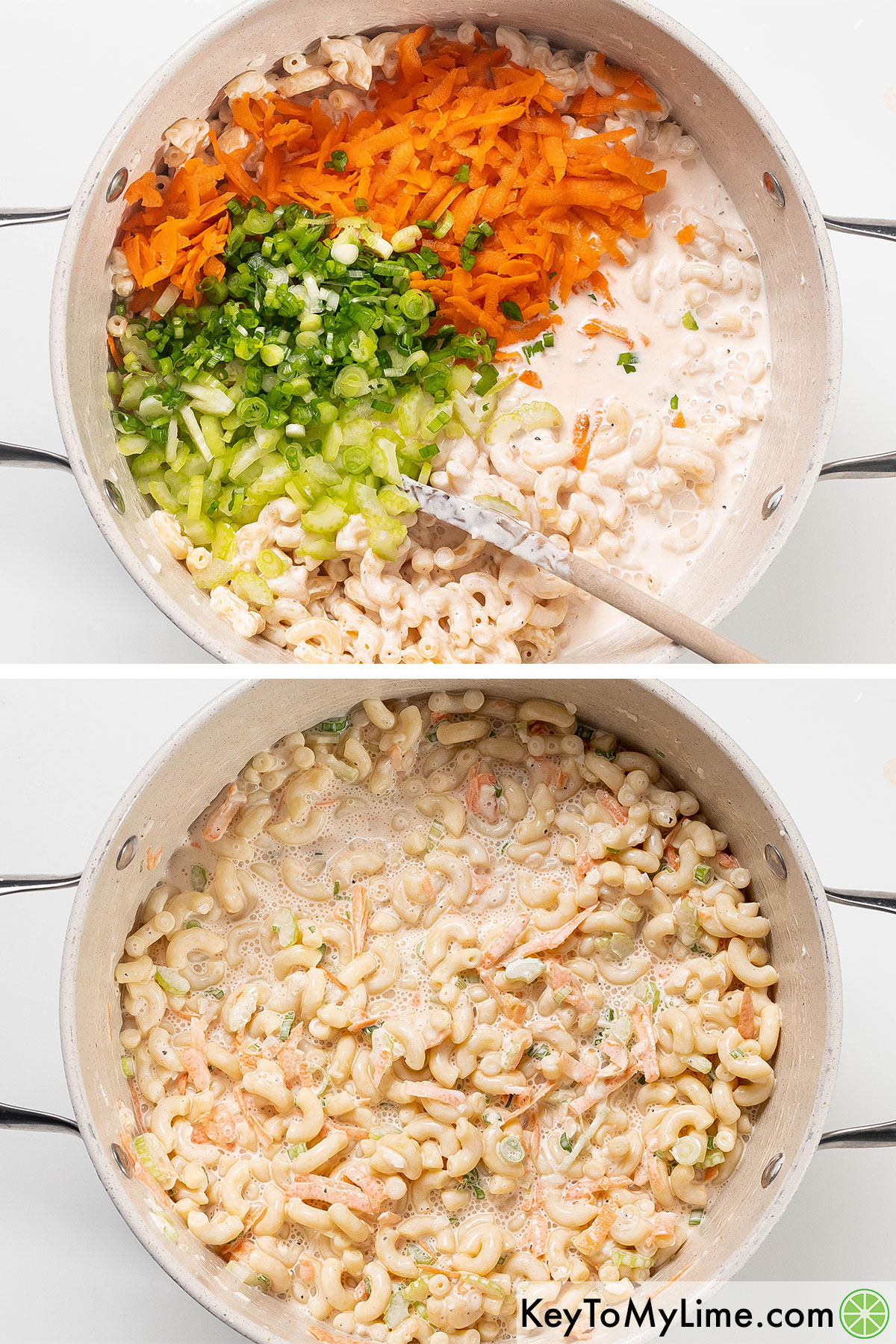 Adding grated carrots, onion and celery to the pot with the remaining dressing and then mixing all the ingredients together.