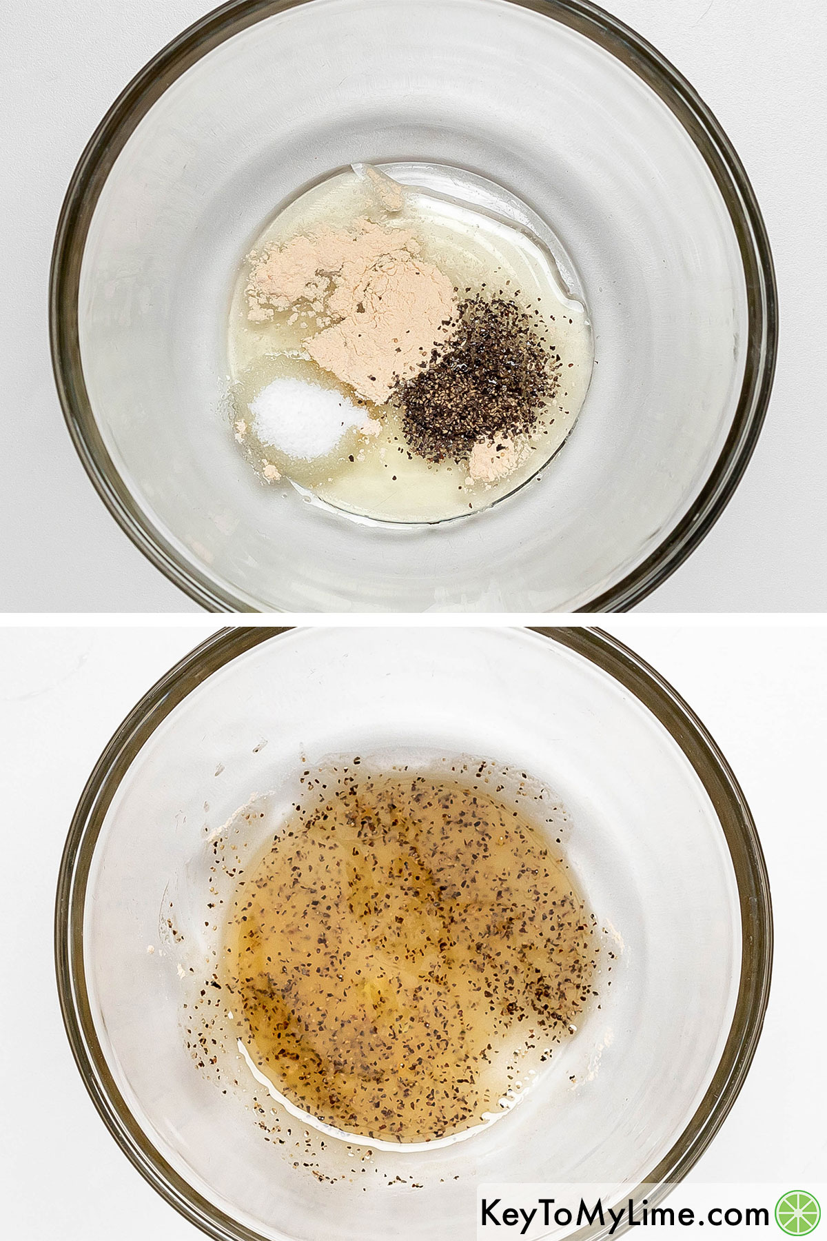 Adding oil, salt, pepper and garlic powder to a medium mixing bowl and mixing together.
