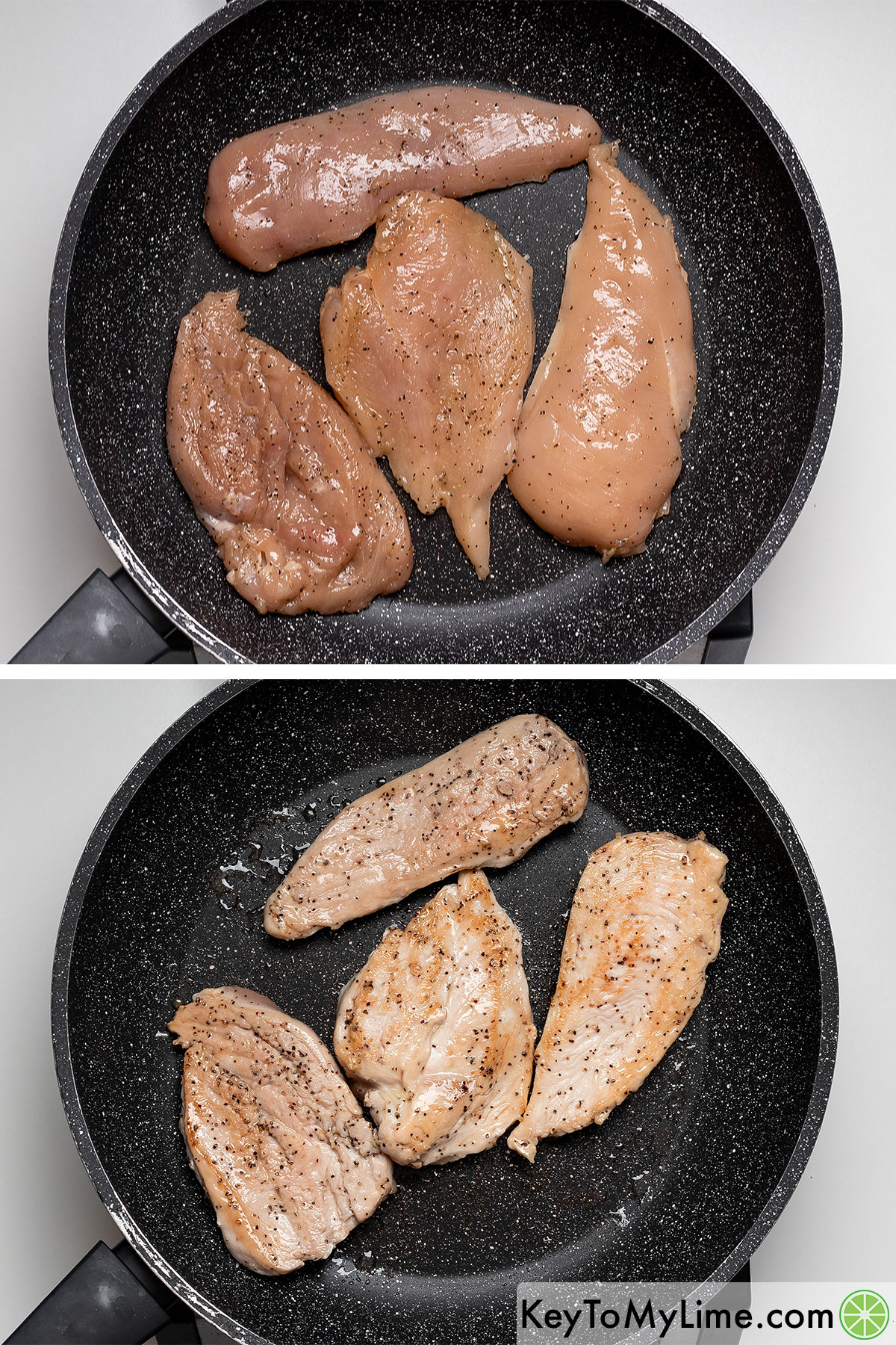 Adding the seasoned chicken breasts to a hot skillet and cooking until browned.