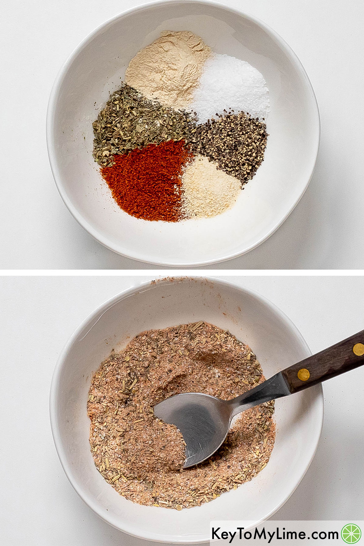 Adding the dry seasonings for the thighs in a small mixing bowl then mixing.