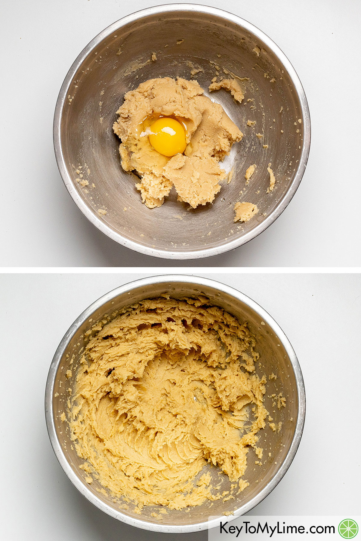 Adding one egg at a time to the cookie batter and mixing until smooth.