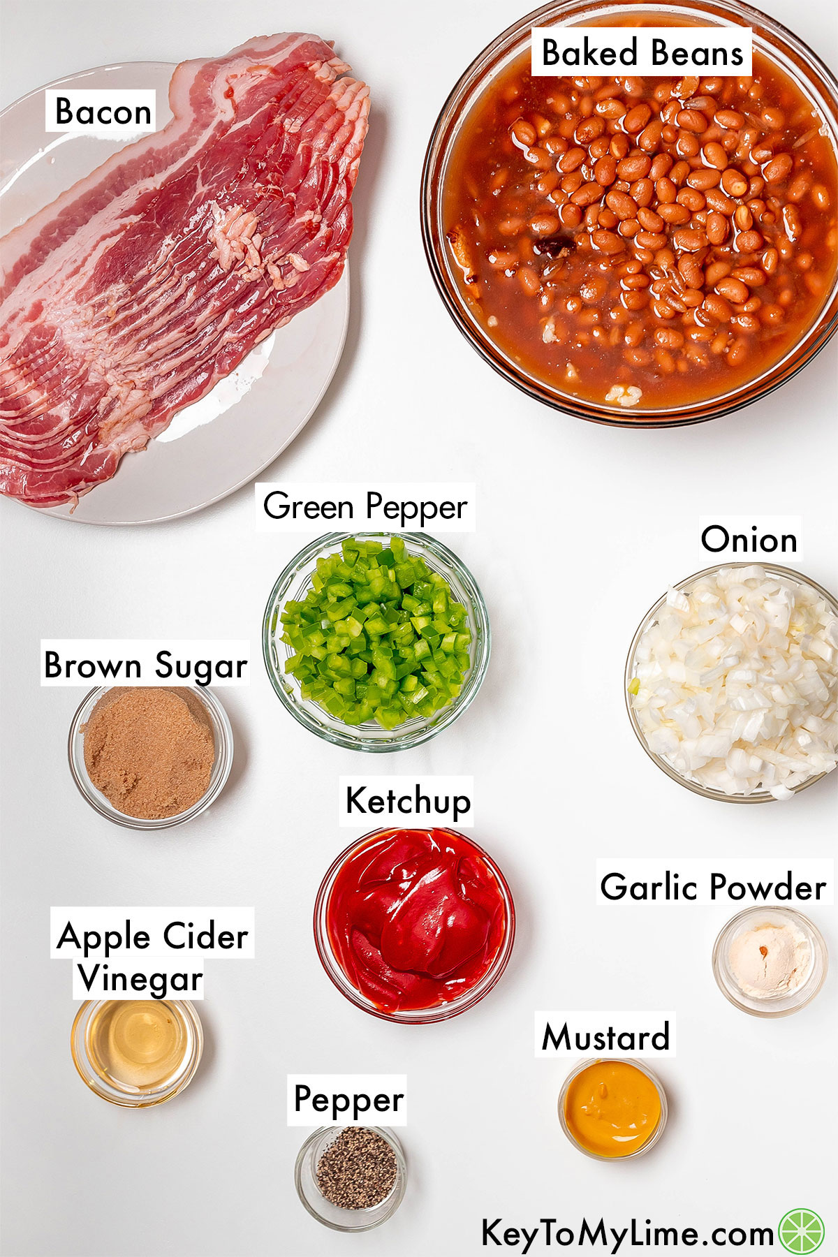 The labeled ingredients for crockpot baked beans.