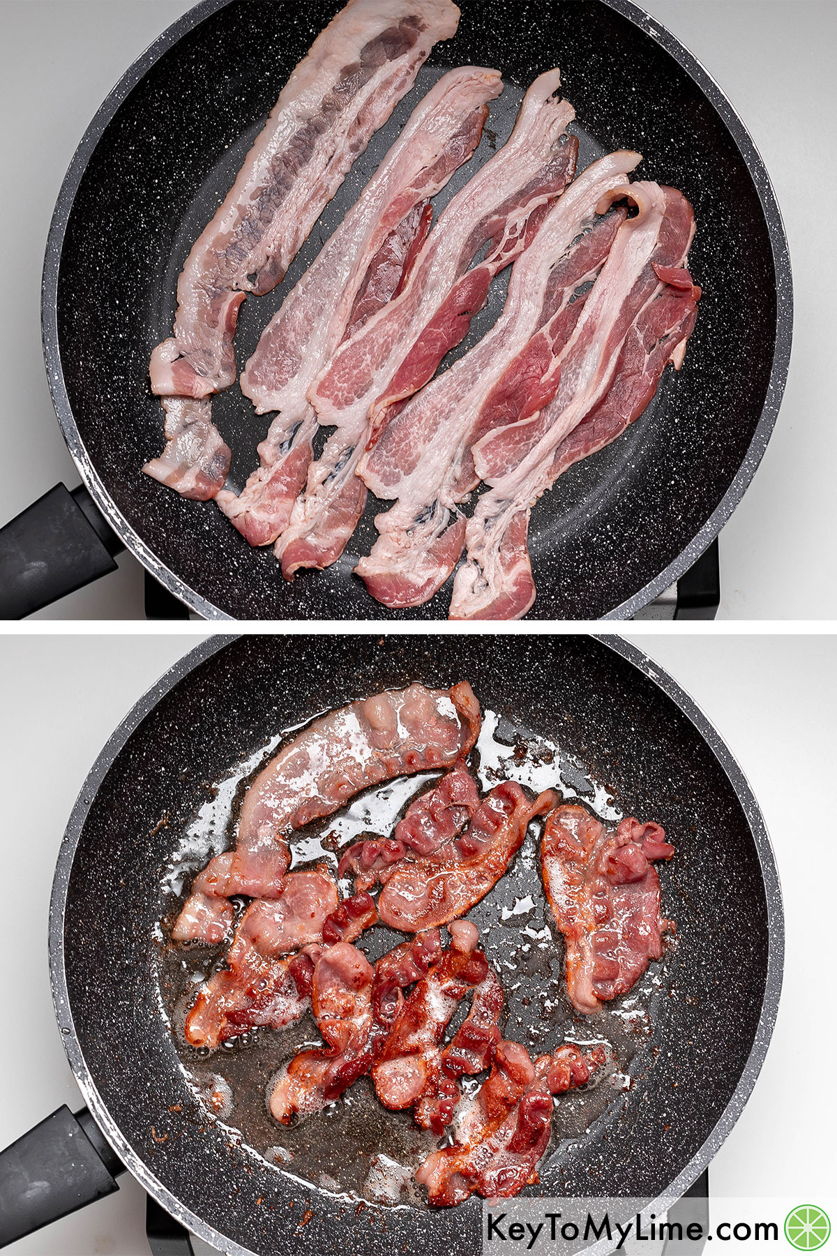 Cooking the bacon strips in a hot skillet until crispy then removing to cool.