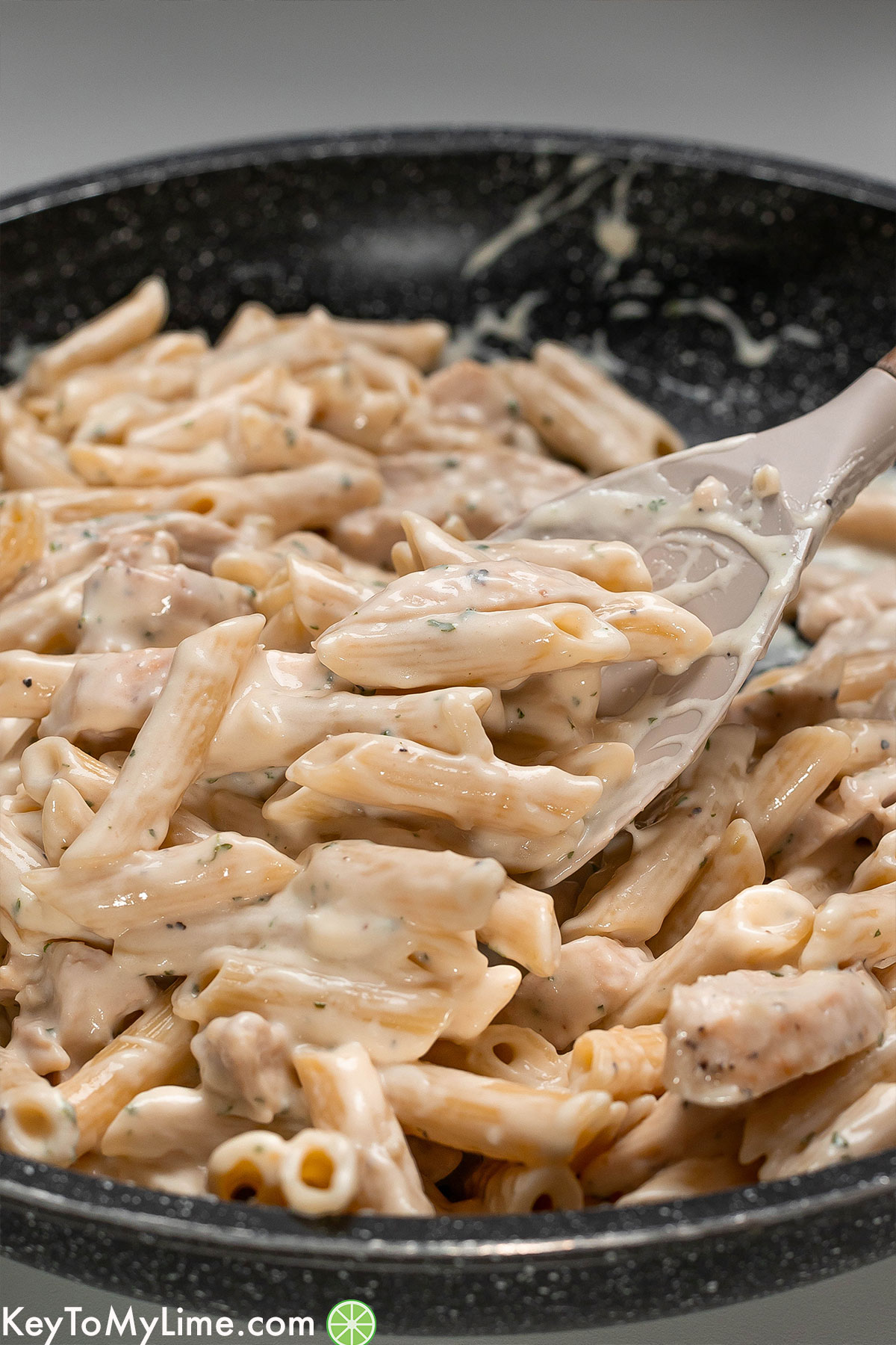 A creamy chicken pasta in a skillet freshly mixed together.
