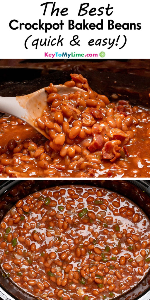 A Pinterest pin image with a picture of crockpot baked beans, with title text at the top.