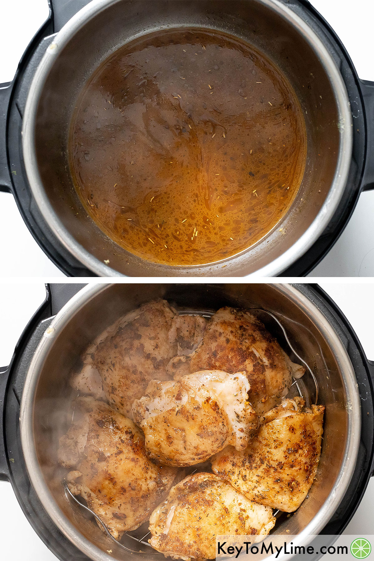 Deglazing the Instant Pot insert then placing the chicken on the trivet.