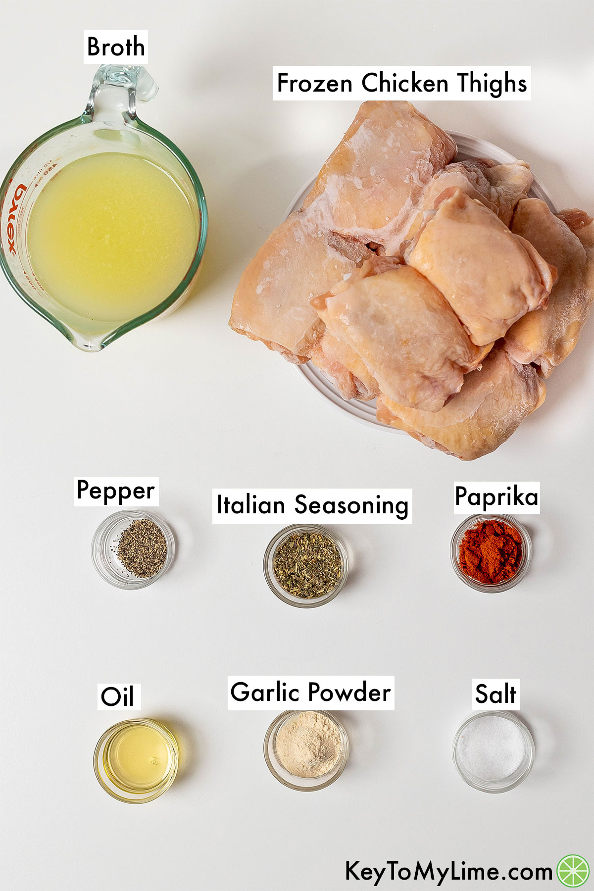 The labeled ingredients for frozen chicken thighs Instant Pot.