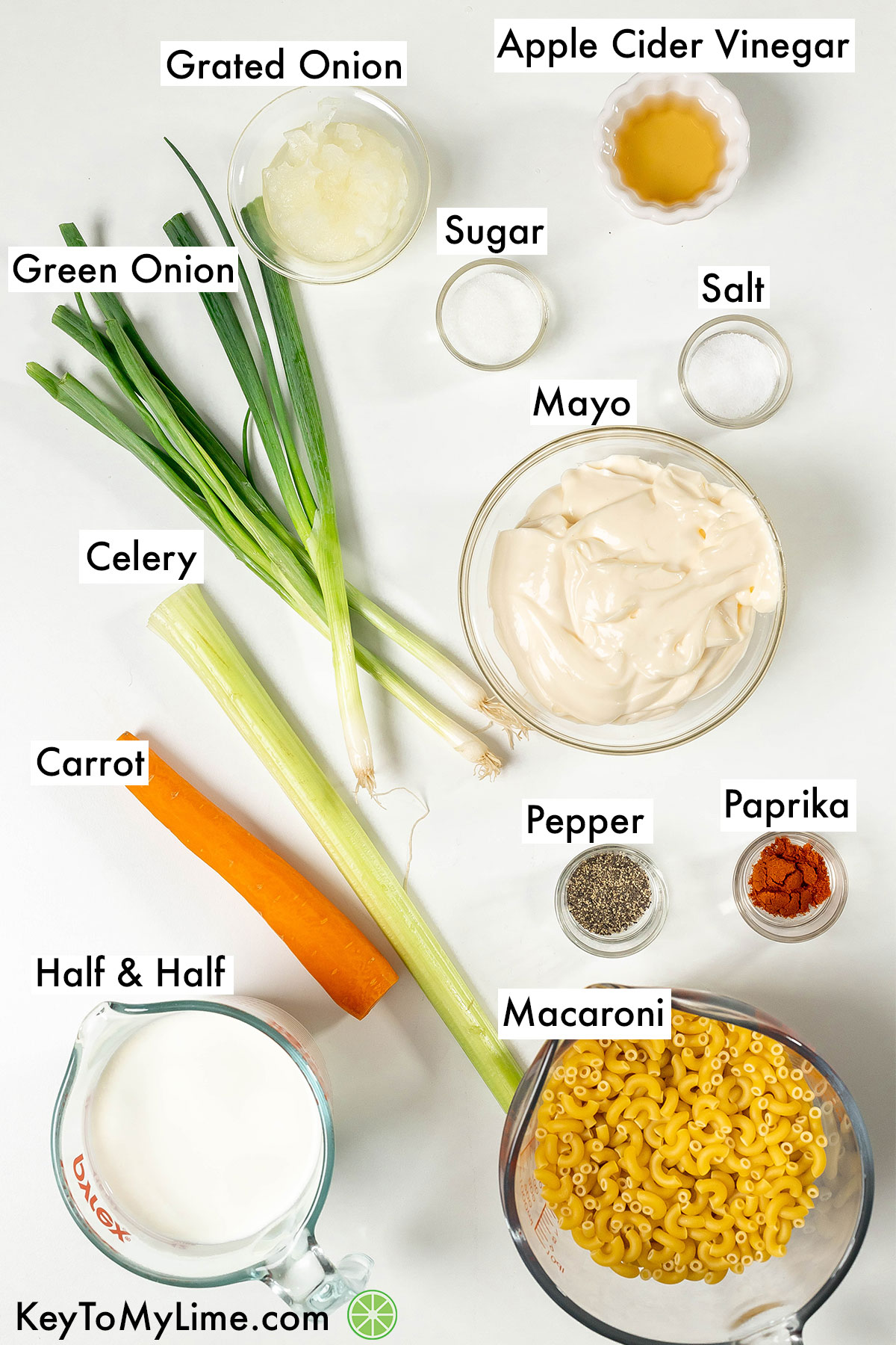 The labeled ingredients for Hawaiian macaroni salad.