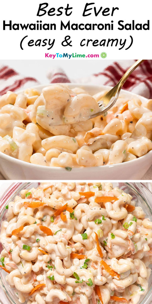 A Pinterest pin image with a picture of Hawaiian macaroni salad, with title text at the top.