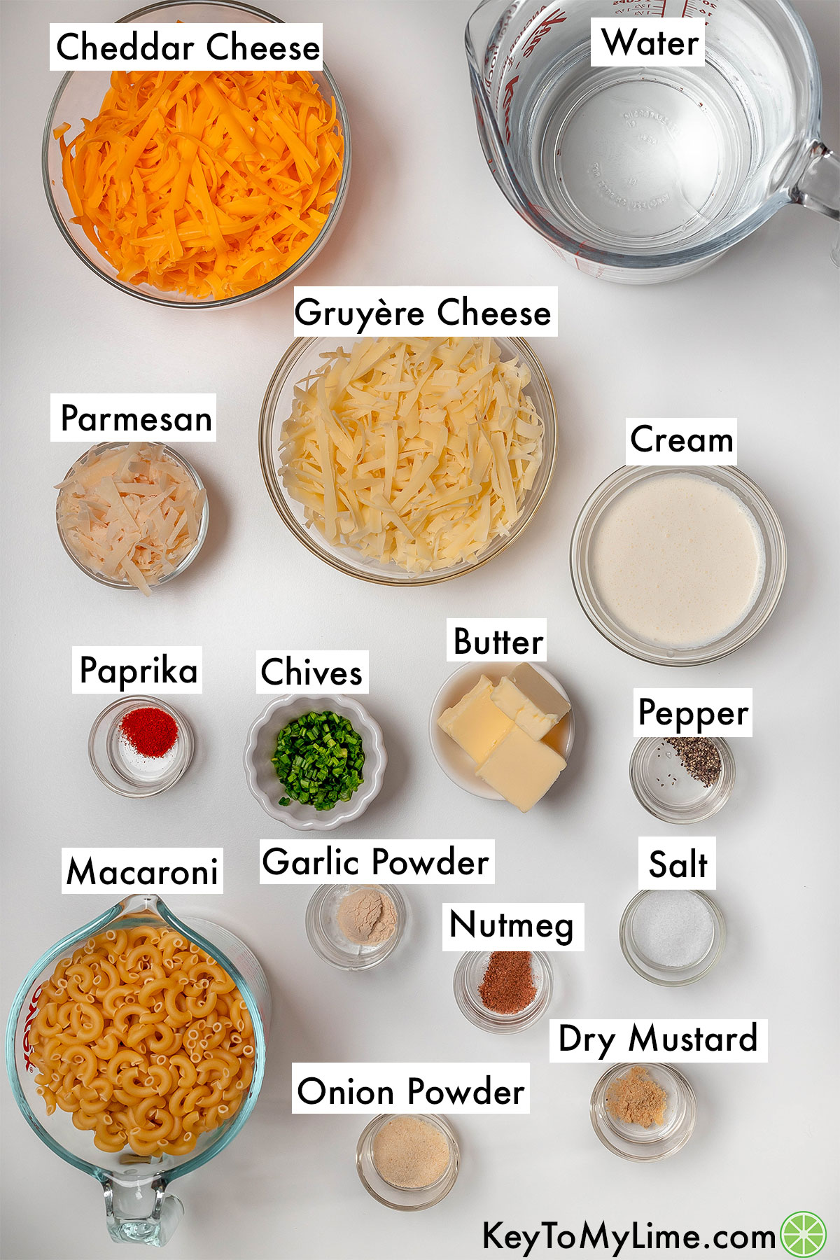 The labeled ingredients for Instant Pot mac and cheese.