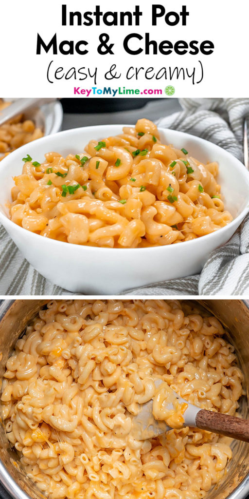 A Pinterest pin image with a picture of Instant Pot mac and cheese, with title text at the top.