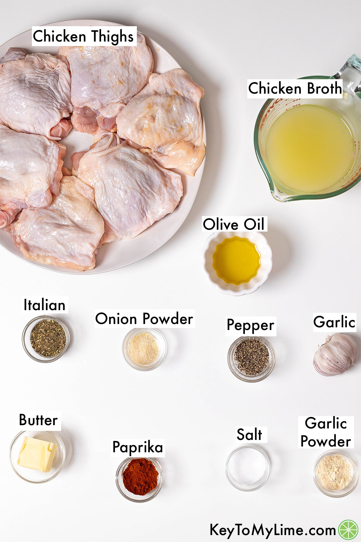 The labeled ingredients for Instant Pot chicken thighs.