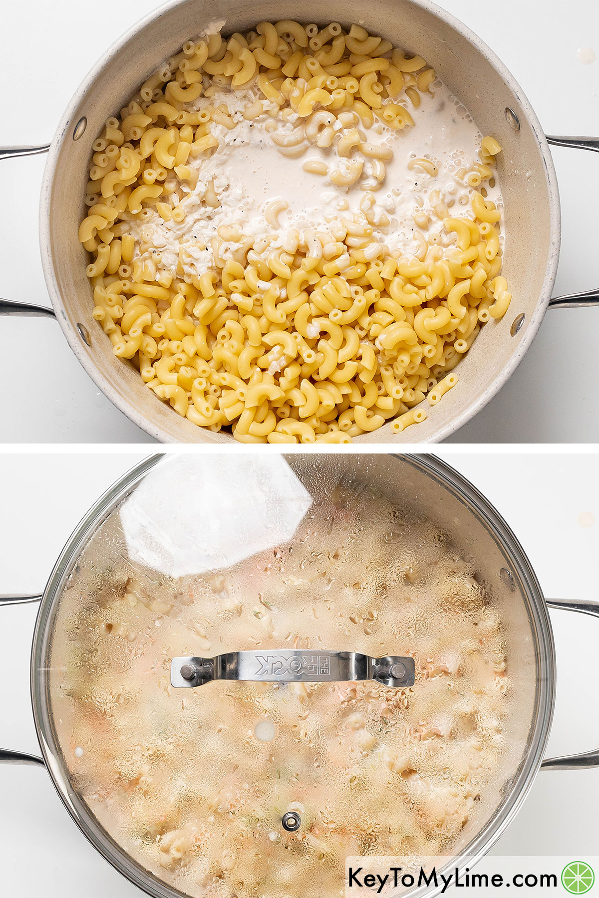 Mixing in half the dressing then covering with a lid and letting the macaroni cool.