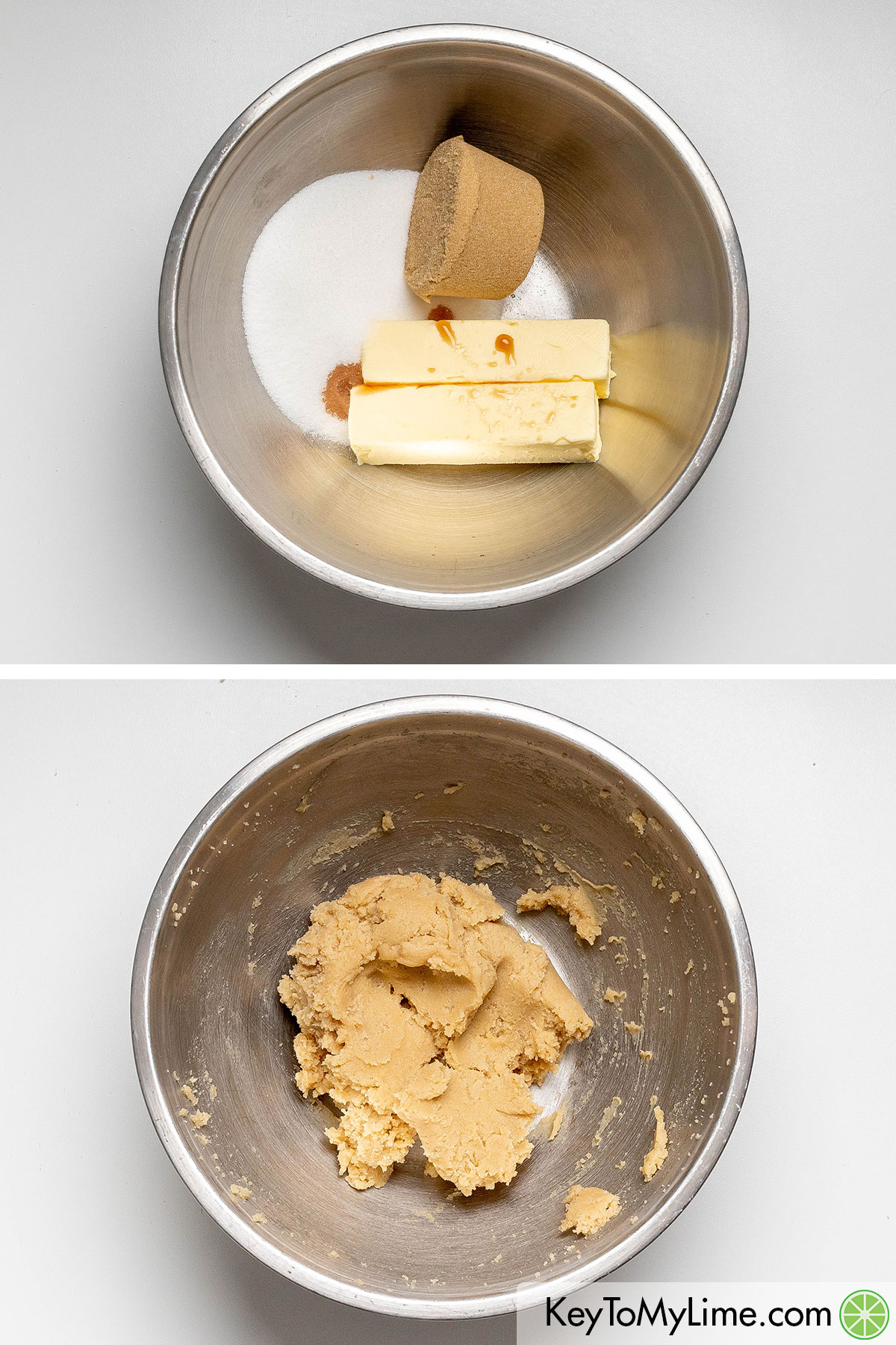 Mixing butter, sugar, and light brown sugar in a large mixing bowl with a hand mixer.