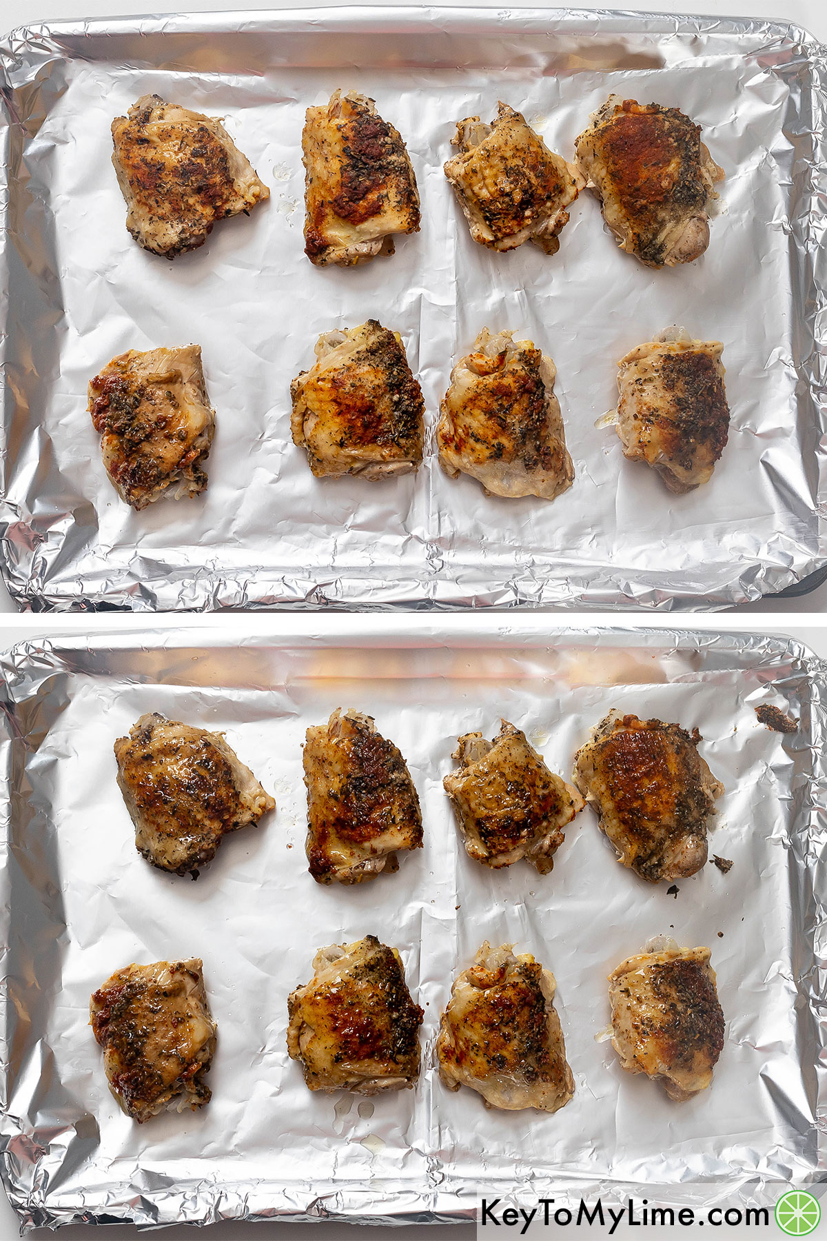 Placing the chicken thighs on a baking sheet lined with aluminum foil and brushing the skin with oil then broiling to crisp the skin.